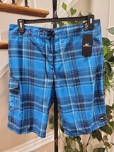 O&#39;neill Men&#39;s Blue Plaid Polyester Pull On Swim Trunk Logo Print Shorts ... - £23.98 GBP