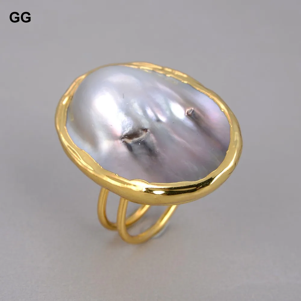 GuaiGuai Jewelry Natural Oval White Gray Mabe Pearl 24K GolPlated Adjustable Rin - £45.49 GBP