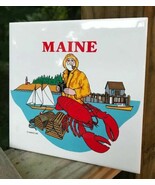 MAINE Tile Trivet Collector Wall Decor Lobster Fisherman Harbor Boat Cor... - $26.86 CAD