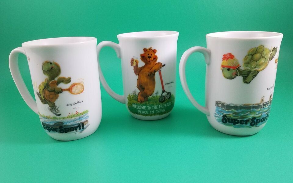 Primary image for Vintage Suzy's Zoo Coffee Mugs 1976 Enesco 2x Super Sport Turtle and Mowing bear