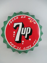 7-Up Tin Bottle Cap Sign 11" Green Retro Fresh Up with 7-Up - $12.38