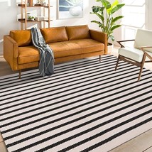 Black and White Striped Outdoor Area Rug 4x6 ft Patio Rugs Washable Woven Cotton - £61.96 GBP