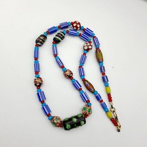 Antique white heart venetian style blue chevron glass beads necklace n94... - $32.22