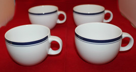 Crate and Barrel Porcelain White Navy Blue Lines 4 Coffee Tea Cup Set Portugal - £37.71 GBP