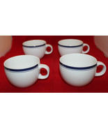 Crate and Barrel Porcelain White Navy Blue Lines 4 Coffee Tea Cup Set Po... - £37.50 GBP