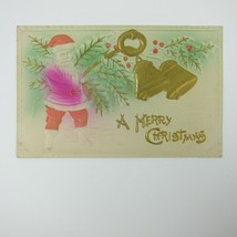 Vintage Christmas Postcard Santa Airbrushed Red Pink Bells Gold Embossed Antique - £12.04 GBP