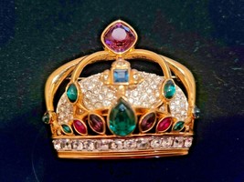 Swarovski Crystal Royal Crown Brooch Pin Yellow Gold Tone Swan Backstamp - £234.95 GBP