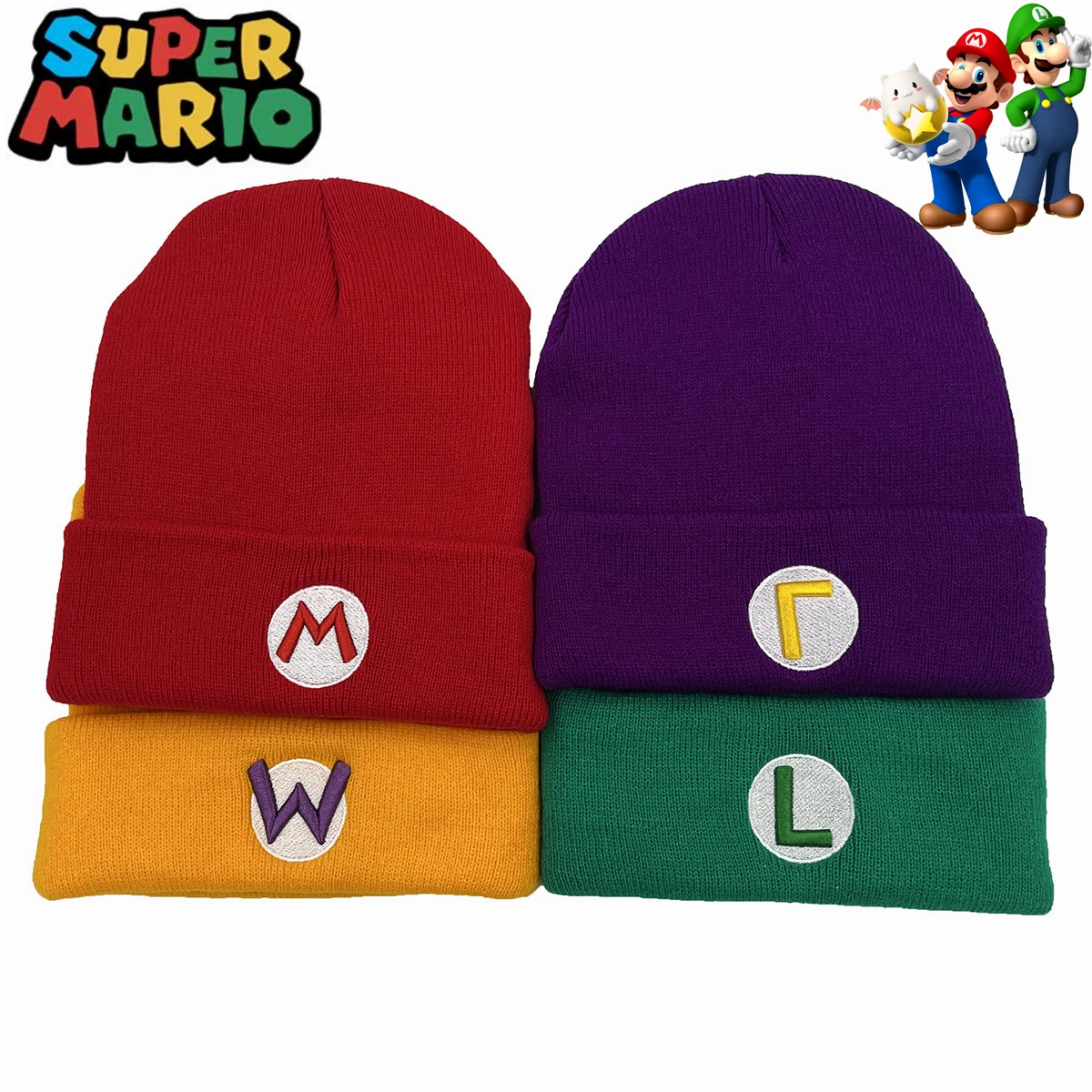 Game Super Mario Bros Luigi Cosplay Hats Wario Waluigi Knitted Cap Cartoon Warm - £8.18 GBP