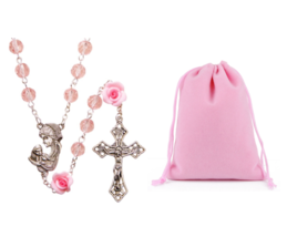 Madonna Mother and Child Centerpiece Pink Rose Shaped Bead Rosary Catholic Women - £15.71 GBP