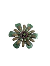 Vintage Flower Pin Brooch Green Metal Enamel Rhinestones 2.25&quot; Across - $18.81