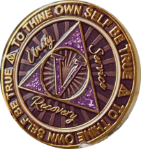 5 Year AA Medallion Cosmic Purple Glitter Alcoholics Anonymous Sobriety Chip - £12.58 GBP