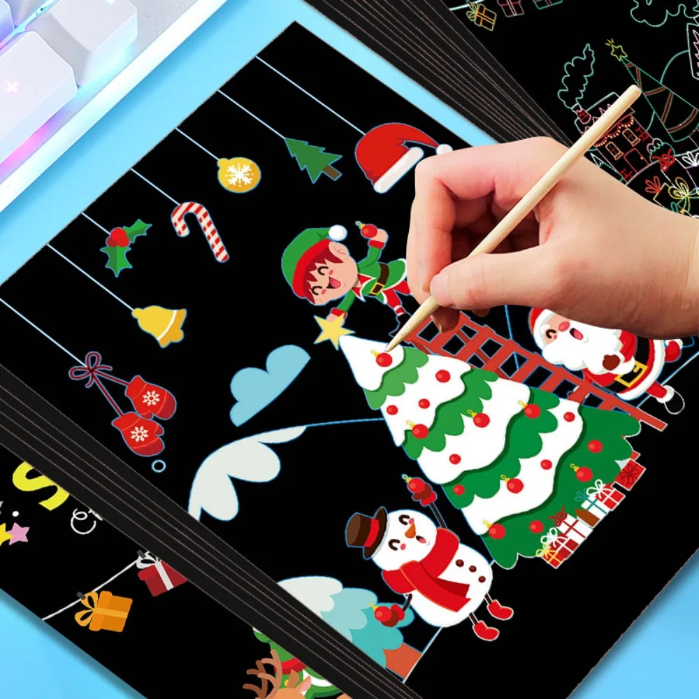 Christmas Cartoon Scratch Off Rainbow Paper Painting Craft DIY Drawing Board - £10.81 GBP+