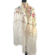 Vintage Silk Vibrant Hand Embroidered Large Piano Shawl W Fringe - £1,167.73 GBP