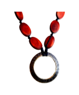 Boho Chico&#39;s Necklace Circle Open Work Statement Pendant Red Dyed Wood O... - £10.91 GBP