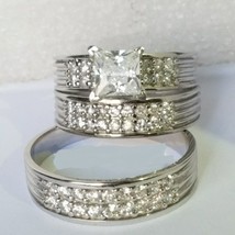 14K White Gold Fn 3.0 Ct Diamond Mens &amp; Womens Wedding Engagement Trio Ring Set - £111.34 GBP