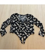 Womens H&amp;M Divided Black Daisy Print Button Up Tie Front Crop Top Shirt ... - $15.98 CAD