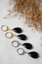 Black Onyx teardrop earrings, Huggie, Black gemstone dangle drop earrings, Gold, - £24.77 GBP