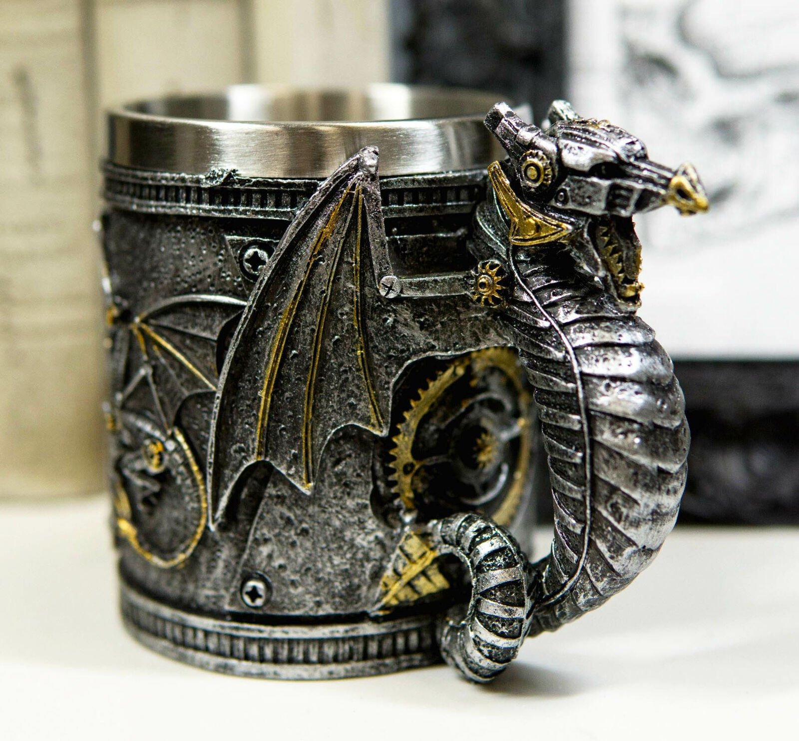 Silver Surfer Steampunk Cyborg Robotic Dragon Beer Stein Tankard Coffee ... - $24.99