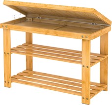 For Use Indoors And Outdoors, A Bamboo Shoe Rack Is A Wood Bench With A ... - $68.92