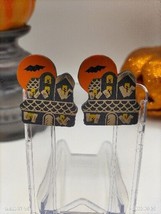 Wooden Post Halloween Spooky House Bat Moon Earrings - £6.30 GBP
