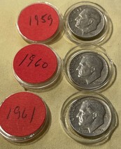 90% Silver Roosevelt Dimes,-1959-1960-1961 Ds 3 Coin Lot- Just Beautiful - £14.65 GBP