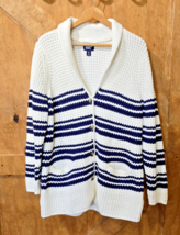 Lands End Sweater Womens XL White Cardigan Blue Stripe Button Up Preppy Top - $25.00