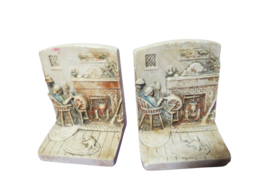 Vintage Pair Of Bookends Chalkware Colonial Theme Hand Carved Scene 5&quot;T x3.5&quot;W - £19.47 GBP
