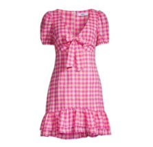 NWT Likely Kai Pink Plaid Tie Ruffle Hem Puff Sleeve Mini Lined Dress Si... - £79.32 GBP