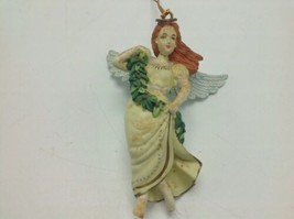 Ornament Angel Female Christmas Holiday Resin Green Sash 3.5&quot; Vintage - £15.65 GBP