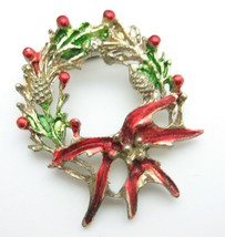 Christmas Pin Vintage Pine Cones Poinsettia Wreath Enamel Brooch Winter Holiday - £11.98 GBP