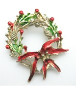 Christmas PIN Vintage PINE CONES POINSETTIA WREATH Enamel  Brooch Winter... - $20.41 CAD