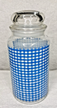 Vintage Blue &amp; White Checked Glass Cannister Jar 8 1/2 Inch w Lid Kitchen - $22.28