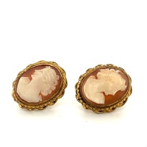 Vtg Sign 12k Gold Filled Central Art Deco Carved Lady Cameo Screwback Earrings - £43.52 GBP