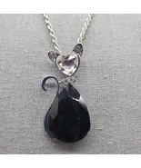 Crystal Cat Pendant Necklace Silver Tone Black Body Clear Rhinestone Hea... - $650.67 MXN
