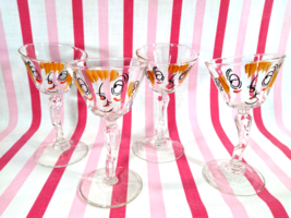 1950&#39;s Gay Fad • Beau Brummell 4pc Tipsy Martini Bent Stem Glasses Hand Painted - £69.47 GBP