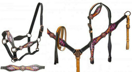 Western Horse Leather Tack Set w/ Buckstitch Bridle + Breast Collar - £102.95 GBP