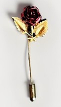 Vintage Gold Tone Long Stem Enameled Flower Red Rose Bud Stick Pin Brooch - $10.36