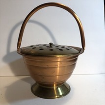 Vintage Solid Brass Copper Pot/Vase with flower frog , copper handle - £20.81 GBP