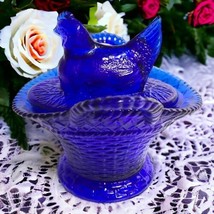 Vtg Cobalt Blue Glass Hen Chicken On Handled Basket Covered Candy Trinke... - £18.16 GBP