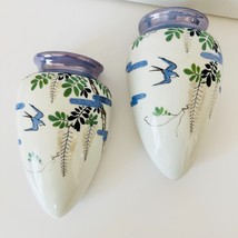 Vintage Wall Ceramic Pottery Vase Multicolor Painted Bird And Leaves Decor Set - £38.06 GBP