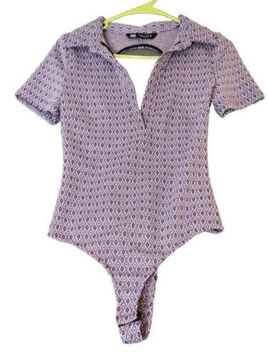 Zara Purple Geometric Print Bodysuit Open Back Deep V Neck Sexy Collared... - $14.95