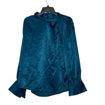 Worthington Satin Texas Teal Draped Textured Blouse Hi Neck Bow Women PXXL NWT - £14.12 GBP