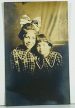 RPPC Sisters Girls Matching Plaid with Large Hair Bow c1910 Postcard A2 - $10.95