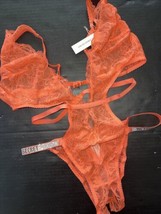 NWT Victoria&#39;s Secret S TEDDY bodysuit crotchless Neon ORQNGE lace SHINE... - $89.09