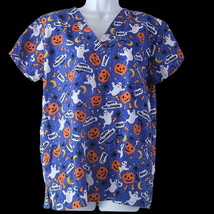 Casandra O Happy Halloween Scrubs Medium Blue Short Sleeves Ghost Pumpkin - £15.66 GBP