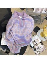 Autumn Winter Women New Lapel Vintage Plaid Knitwear Jumper  Clipping Long Sleev - £126.55 GBP