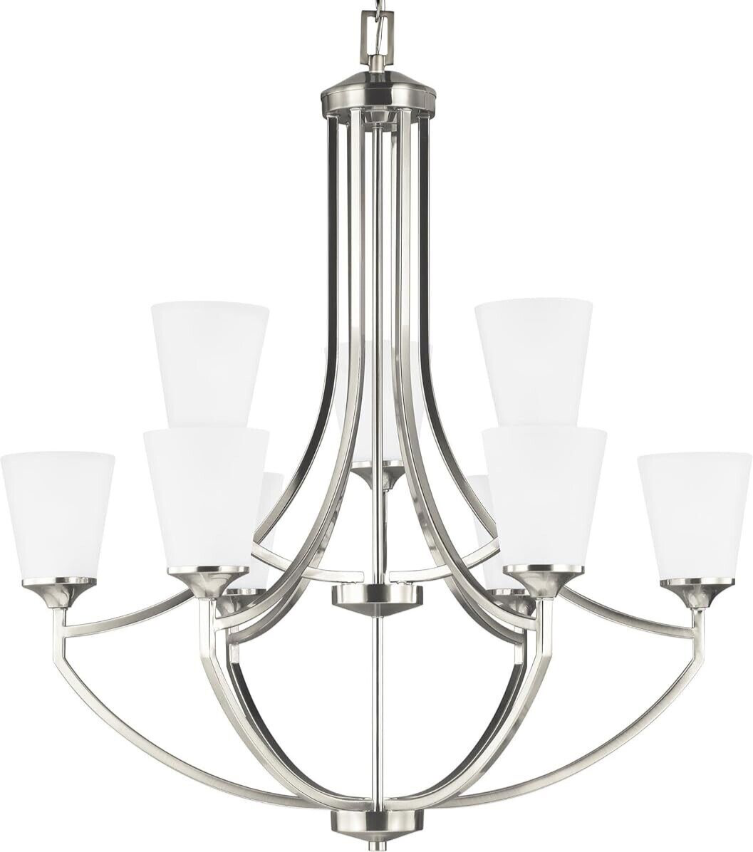 Traditional 9-Light LED Chandelier Pendant Brushed Nickel Etched Glass Shades - $508.59