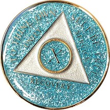 10 Year AA Medallion Aqua Blue Glitter Tri-Plate Turquoise Bling Bling Chip - £14.79 GBP
