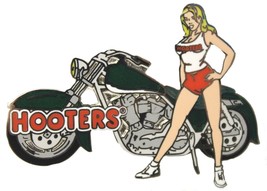 HOOTERS CHARMING BLONDE GIRL GREEN MOTORCYCLE / BIKE / BIKER LAPEL BADGE... - $14.99