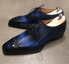 Handmade Men&#39;s Leather Blue Color Oxfords Wingtip Stylish Dress Formal Shoes-666 - $227.99